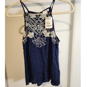 Eyeshadow Navy Blue Embroidered Halter Tank Top Women's Size M